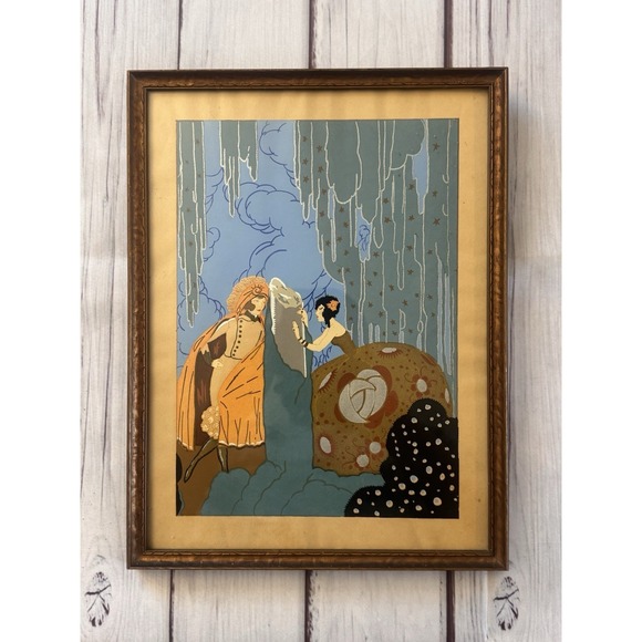 Vintage Art Deco Style Print Framed Flapper Couple Fantasy Scene Gold Accents